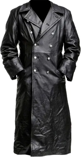SpazeUp Mens Double Breasted Black Leather Trench Coat - Military Officer Uniform Vintage Black Jacket Coat Men
