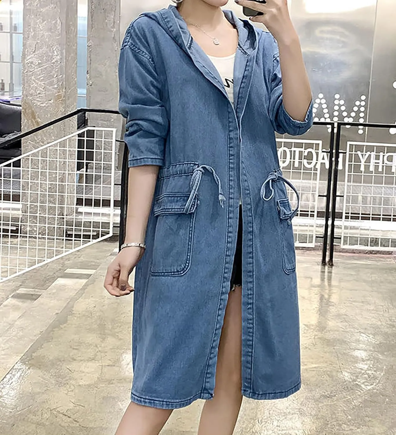 utcoco Womens Mid Long Hooded Jean Jacket Casual Loose Fit Drawstring Denim Jacket Hoodies Open Front Trench Coat