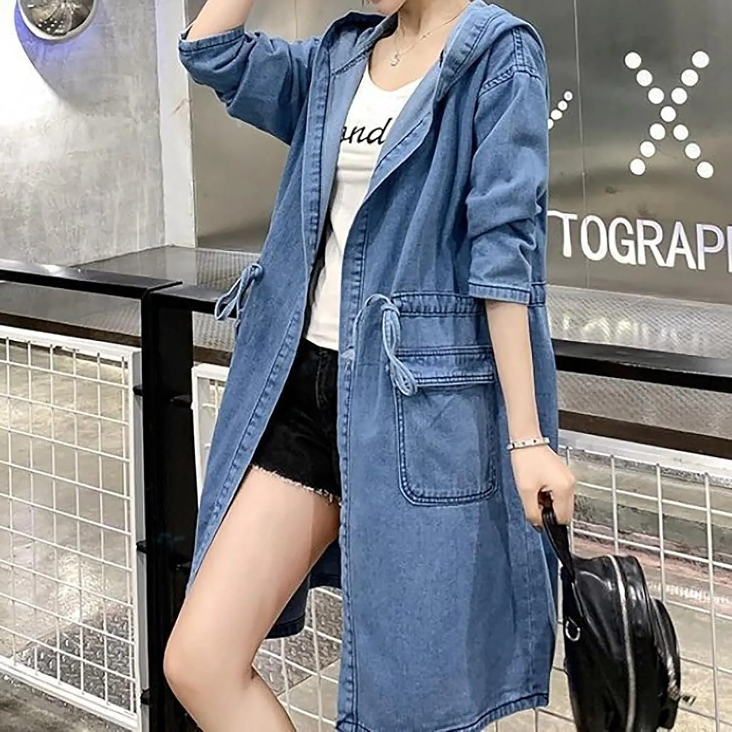 utcoco Womens Mid Long Hooded Jean Jacket Casual Loose Fit Drawstring Denim Jacket Hoodies Open Front Trench Coat
