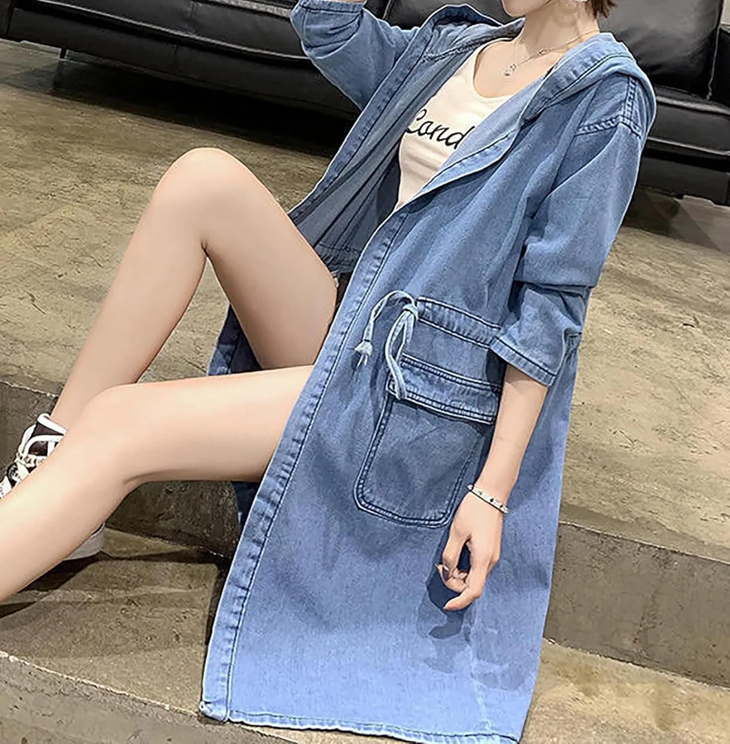 utcoco Womens Mid Long Hooded Jean Jacket Casual Loose Fit Drawstring Denim Jacket Hoodies Open Front Trench Coat