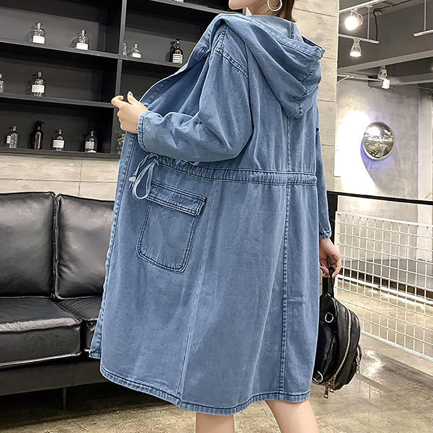 utcoco Womens Mid Long Hooded Jean Jacket Casual Loose Fit Drawstring Denim Jacket Hoodies Open Front Trench Coat