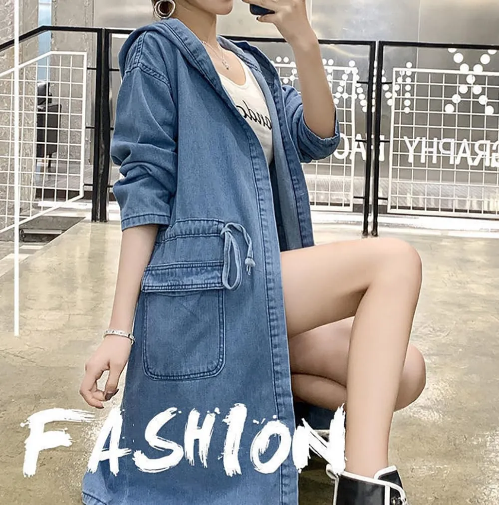 utcoco Womens Mid Long Hooded Jean Jacket Casual Loose Fit Drawstring Denim Jacket Hoodies Open Front Trench Coat