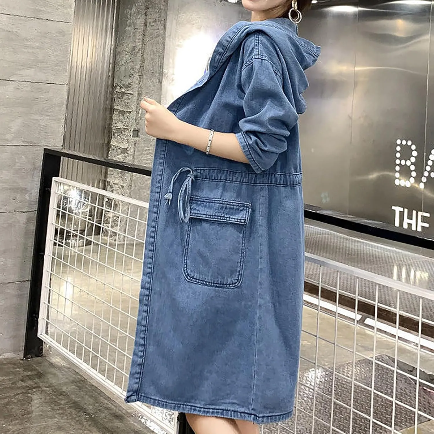 utcoco Womens Mid Long Hooded Jean Jacket Casual Loose Fit Drawstring Denim Jacket Hoodies Open Front Trench Coat