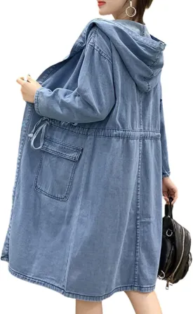 utcoco Womens Mid Long Hooded Jean Jacket Casual Loose Fit Drawstring Denim Jacket Hoodies Open Front Trench Coat