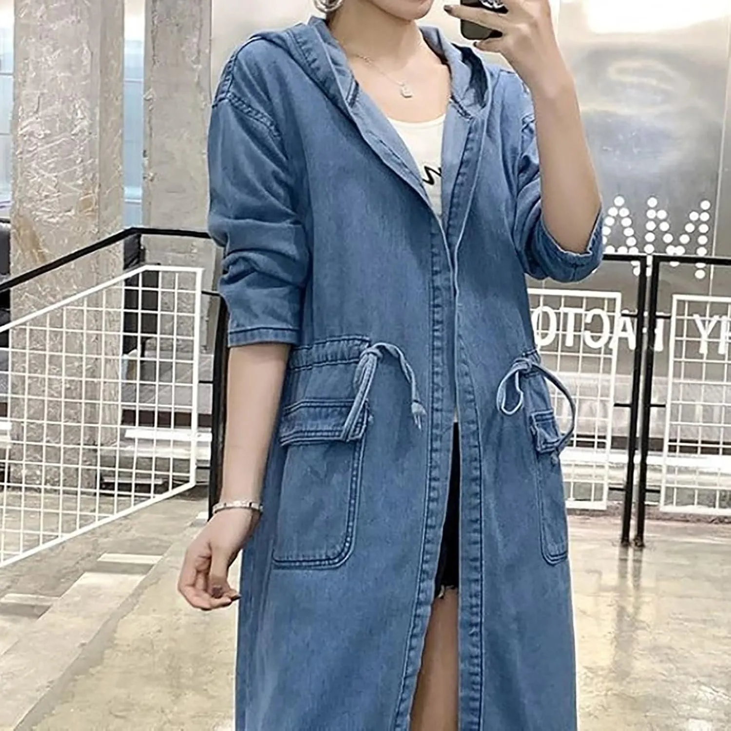 utcoco Womens Mid Long Hooded Jean Jacket Casual Loose Fit Drawstring Denim Jacket Hoodies Open Front Trench Coat
