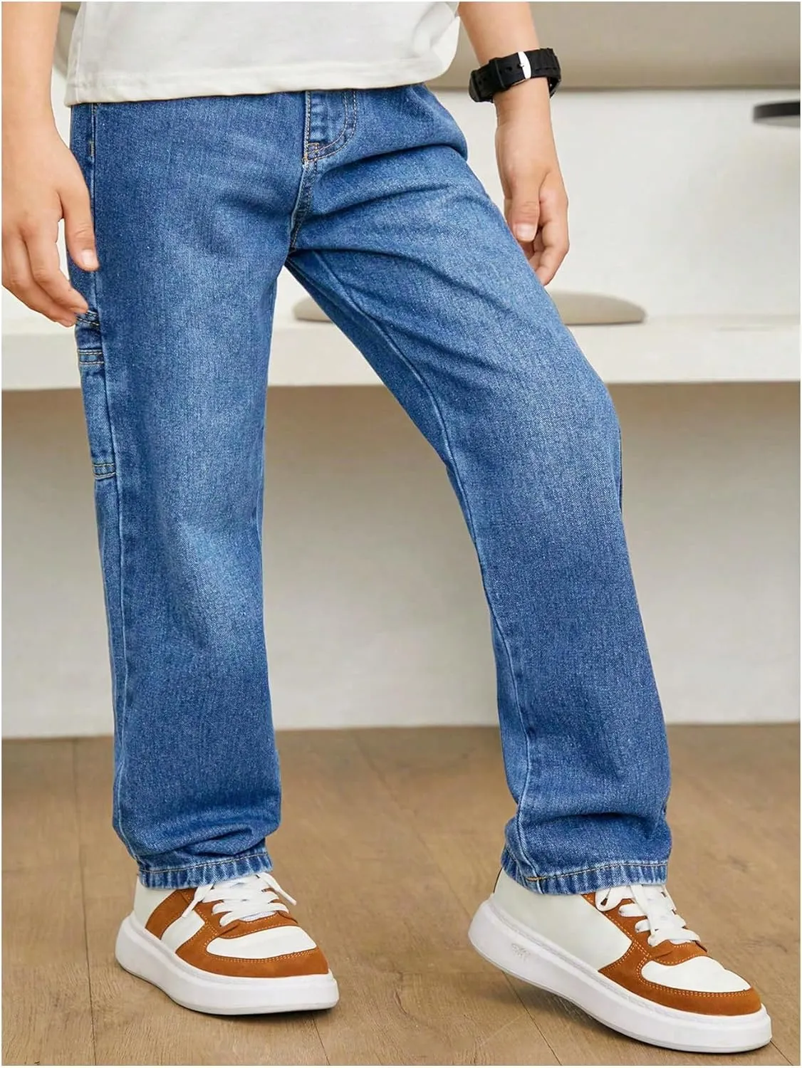 Verdusa Boy's Straight Leg Denim Pants Trousers Elastic Waist Jeans with Pockets