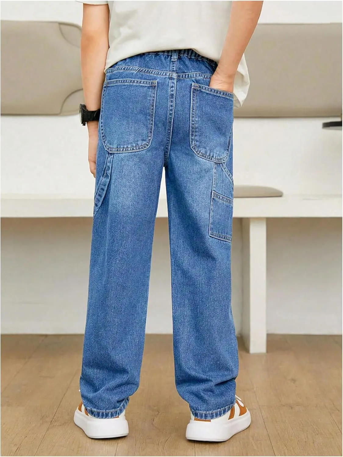 Verdusa Boy's Straight Leg Denim Pants Trousers Elastic Waist Jeans with Pockets