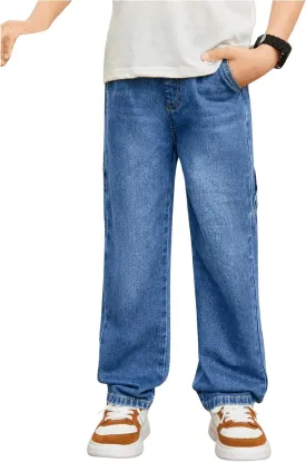 Verdusa Boy's Straight Leg Denim Pants Trousers Elastic Waist Jeans with Pockets