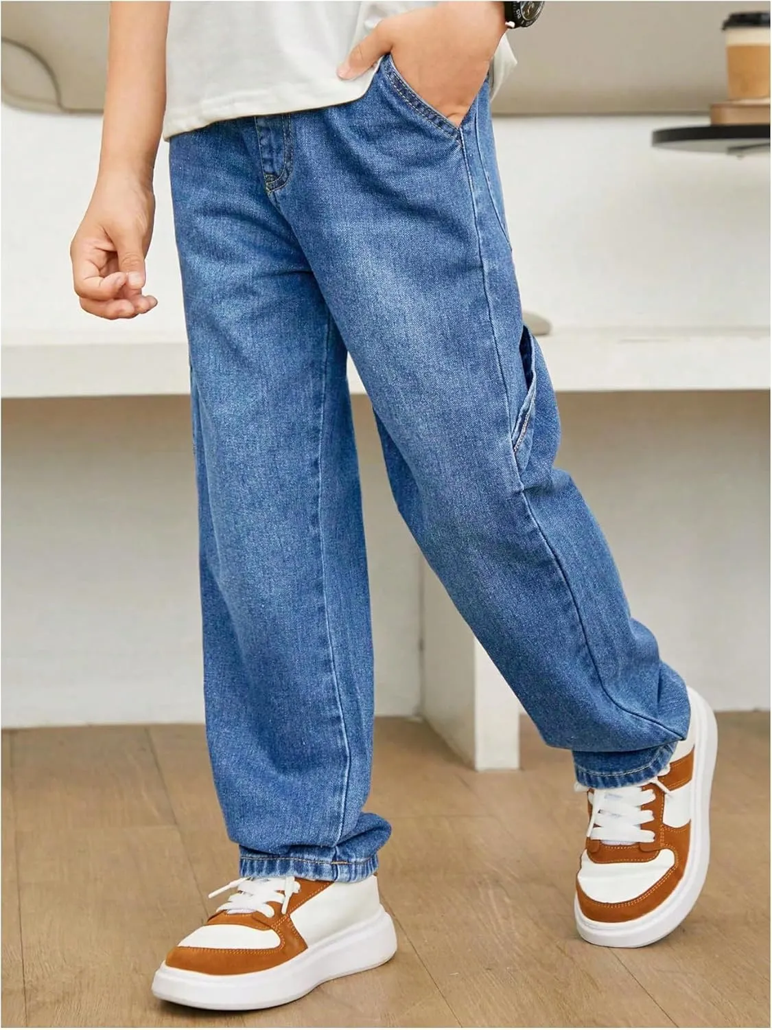 Verdusa Boy's Straight Leg Denim Pants Trousers Elastic Waist Jeans with Pockets