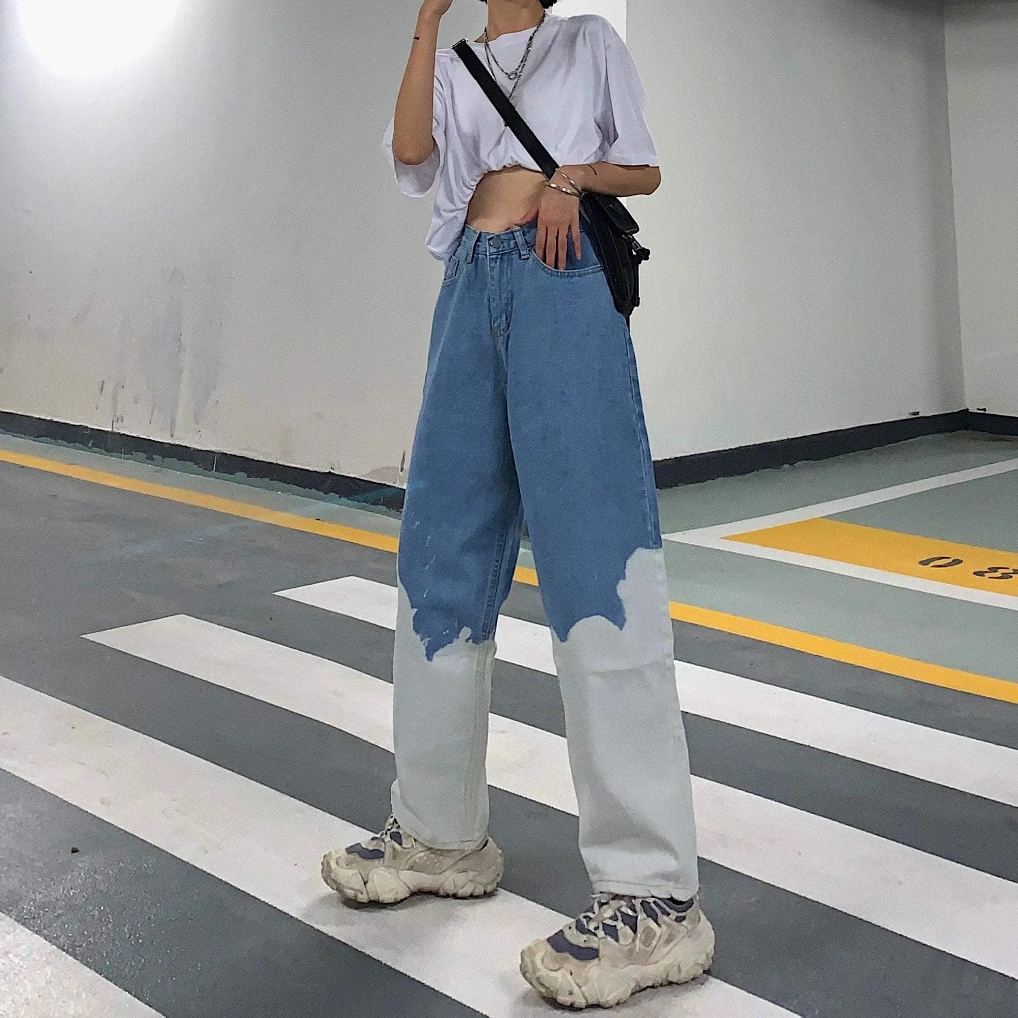 Vintage Contrast Tie Dye Pattern Wide Leg Jeans