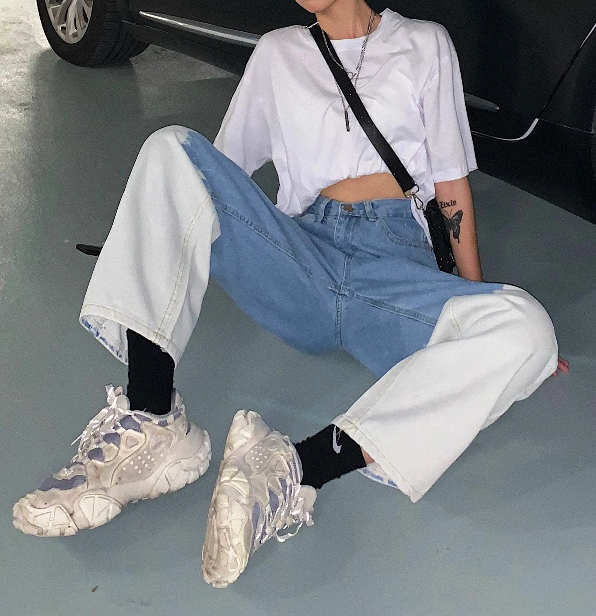 Vintage Contrast Tie Dye Pattern Wide Leg Jeans