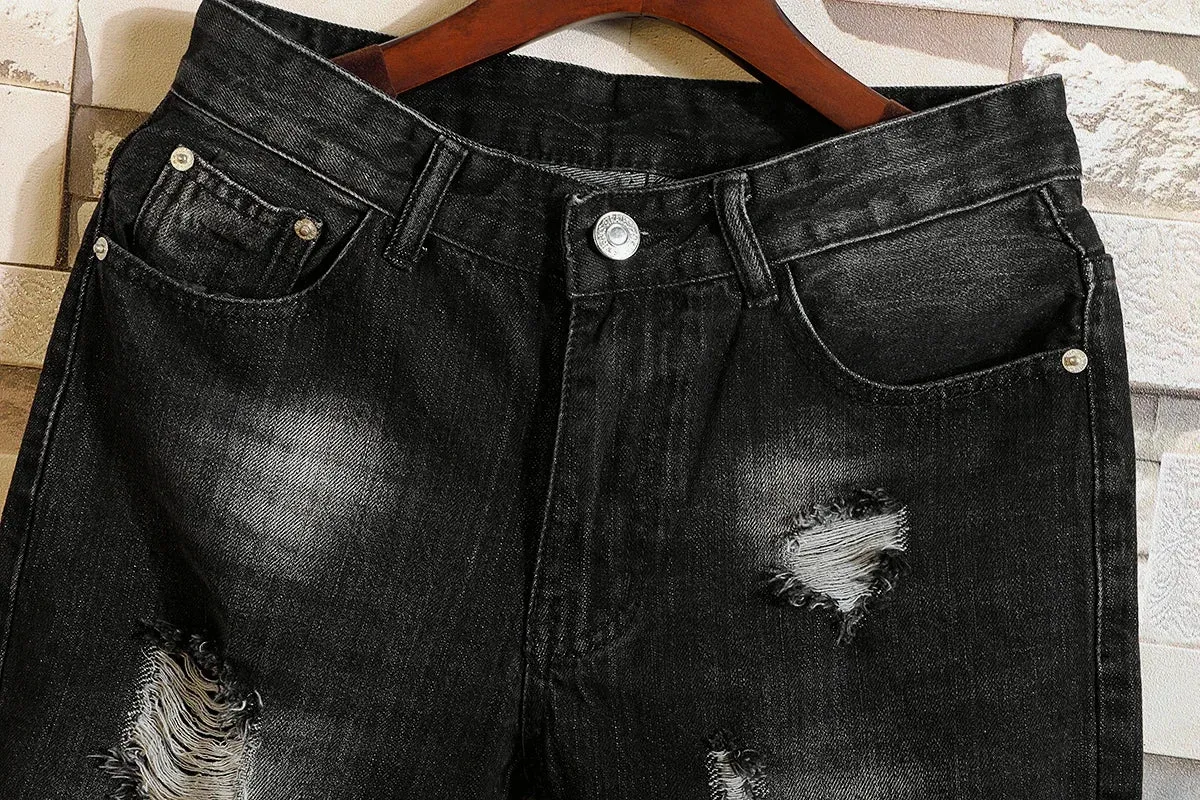 Wiaofellas New Summer White Black Men's Ripped Denim Shorts Slim Casual Knee Length Short Straight Hole Jeans Shorts Big Men