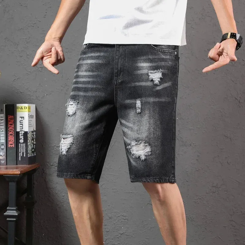 Wiaofellas New Summer White Black Men's Ripped Denim Shorts Slim Casual Knee Length Short Straight Hole Jeans Shorts Big Men