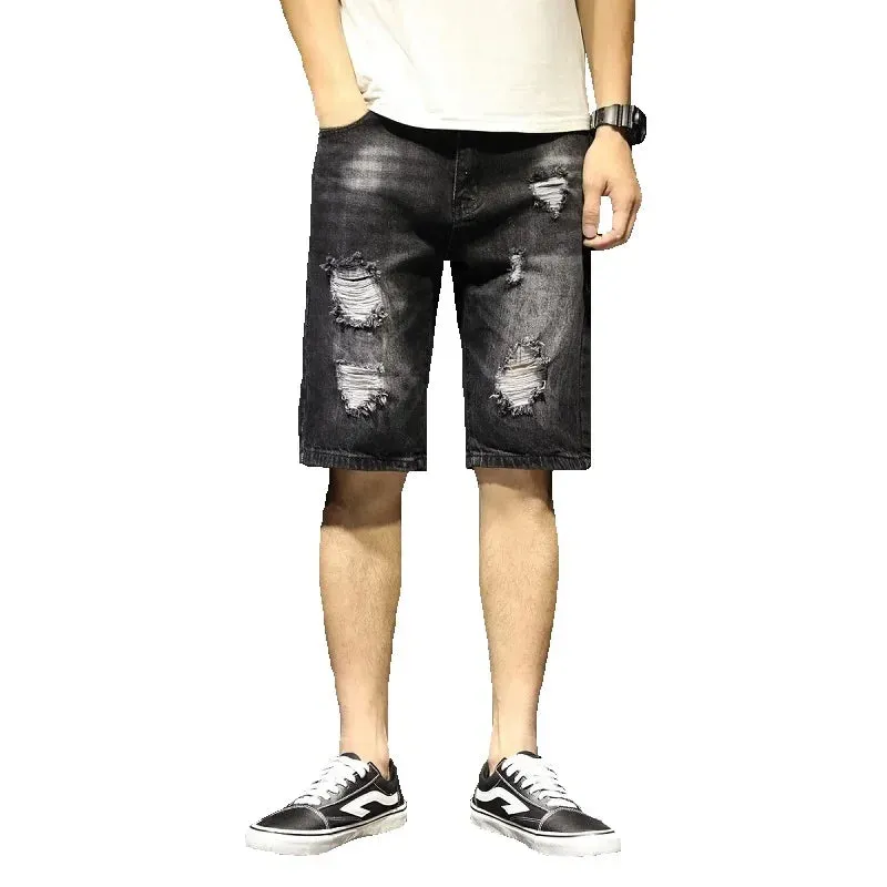 Wiaofellas New Summer White Black Men's Ripped Denim Shorts Slim Casual Knee Length Short Straight Hole Jeans Shorts Big Men