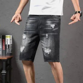 Wiaofellas New Summer White Black Men's Ripped Denim Shorts Slim Casual Knee Length Short Straight Hole Jeans Shorts Big Men