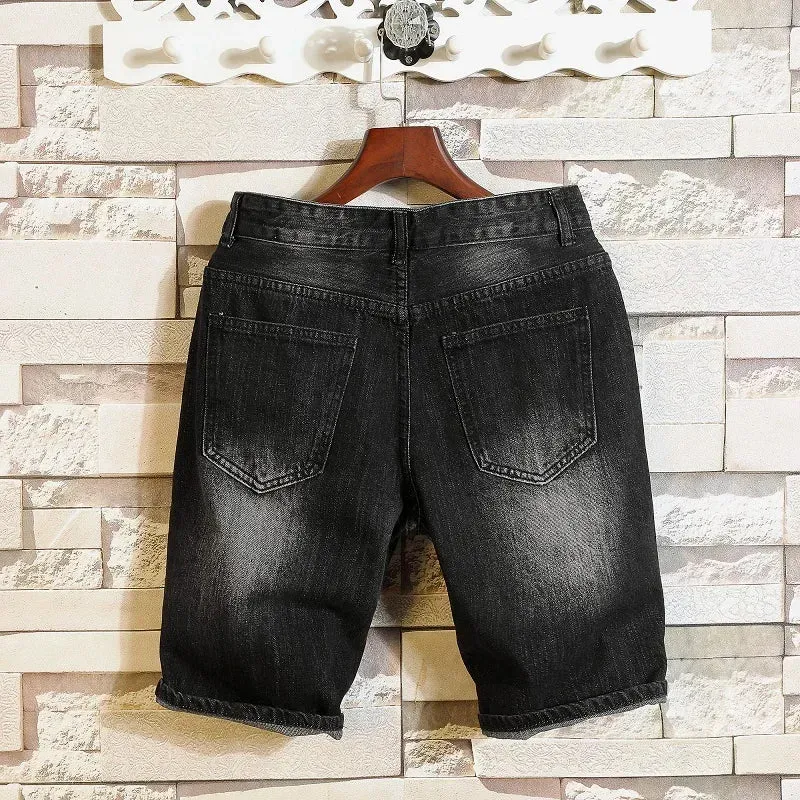 Wiaofellas New Summer White Black Men's Ripped Denim Shorts Slim Casual Knee Length Short Straight Hole Jeans Shorts Big Men
