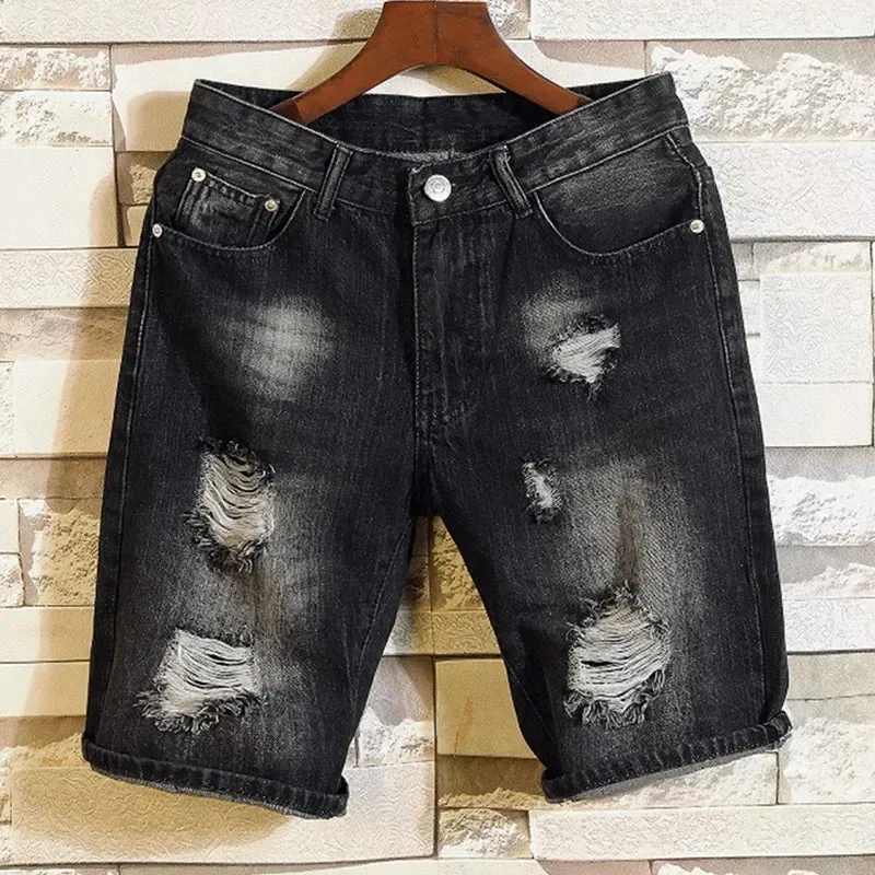 Wiaofellas New Summer White Black Men's Ripped Denim Shorts Slim Casual Knee Length Short Straight Hole Jeans Shorts Big Men