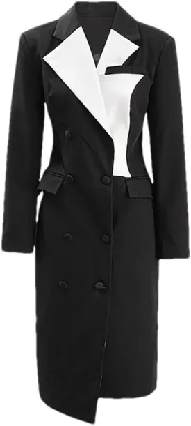 Women Contrast Color Lapel Irregular Trench Coat Loose Fit Single Breasted Long Sleeves Jacket