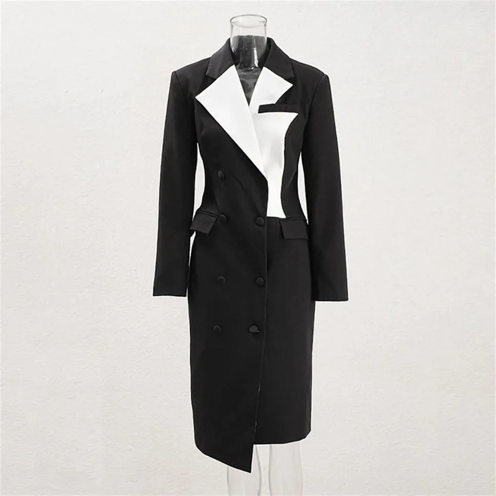 Women Contrast Color Lapel Irregular Trench Coat Loose Fit Single Breasted Long Sleeves Jacket