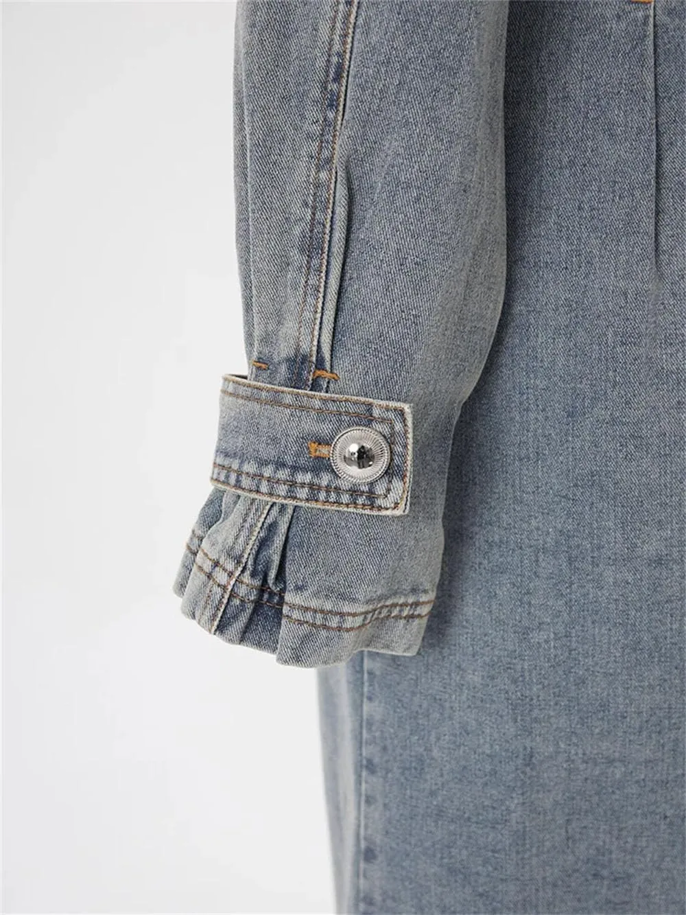 Women Denim Long Trenchcoats Loose Double Shawl Neck Double Breasted Belt Long Sleeve Overcoat