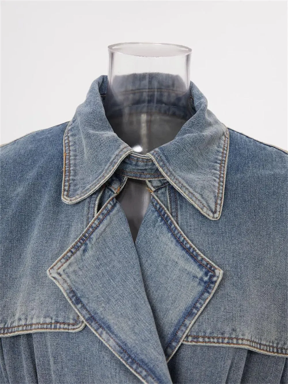 Women Denim Long Trenchcoats Loose Double Shawl Neck Double Breasted Belt Long Sleeve Overcoat