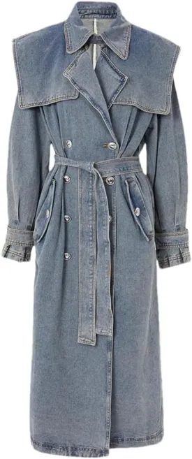 Women Denim Long Trenchcoats Loose Double Shawl Neck Double Breasted Belt Long Sleeve Overcoat