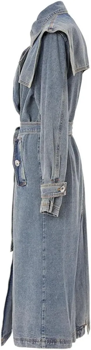 Women Denim Long Trenchcoats Loose Double Shawl Neck Double Breasted Belt Long Sleeve Overcoat