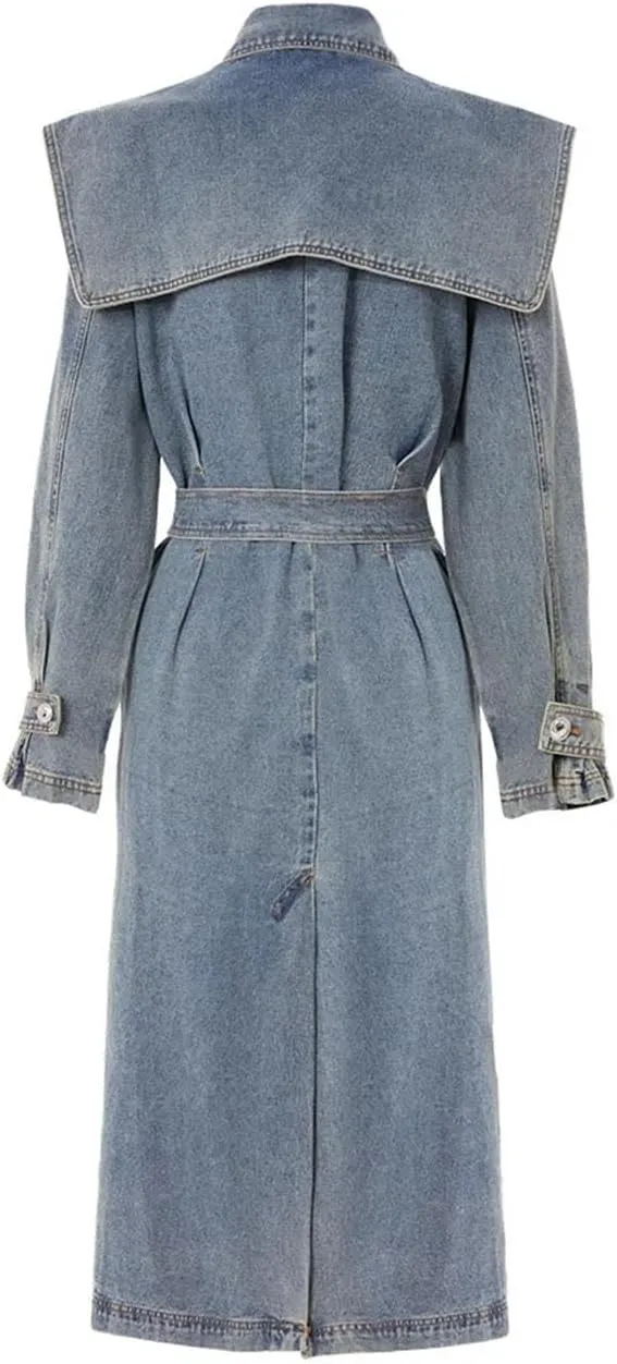 Women Denim Long Trenchcoats Loose Double Shawl Neck Double Breasted Belt Long Sleeve Overcoat