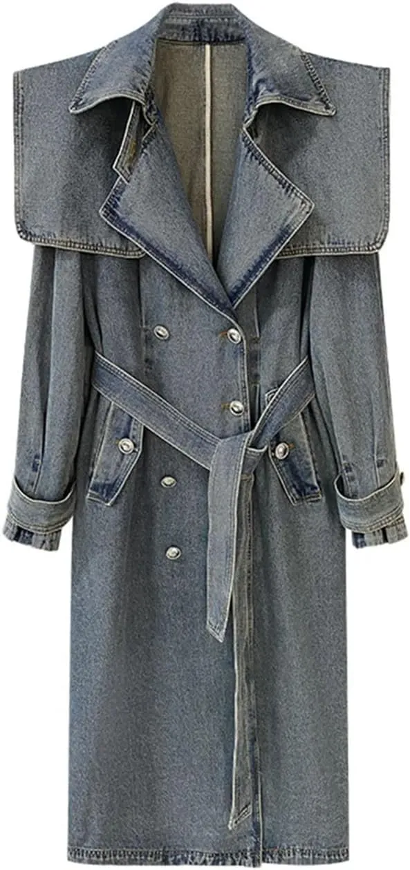 Women Denim Long Trenchcoats Loose Double Shawl Neck Double Breasted Belt Long Sleeve Overcoat