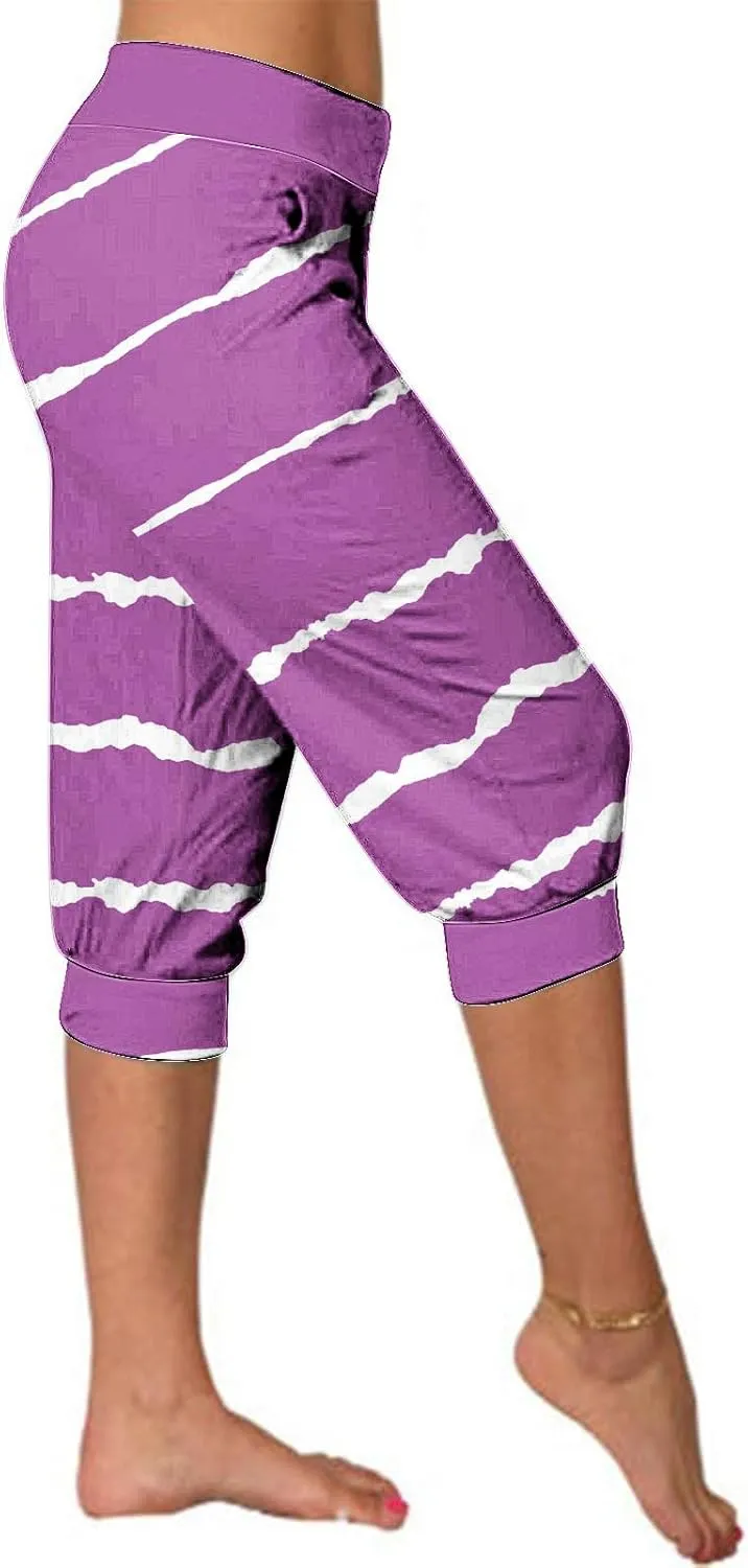 Women Irregular Striped Capris Pant Summer High Elastic Gaucho Sweatpants Side Pocket Yoga Trouser Lightweight Pants