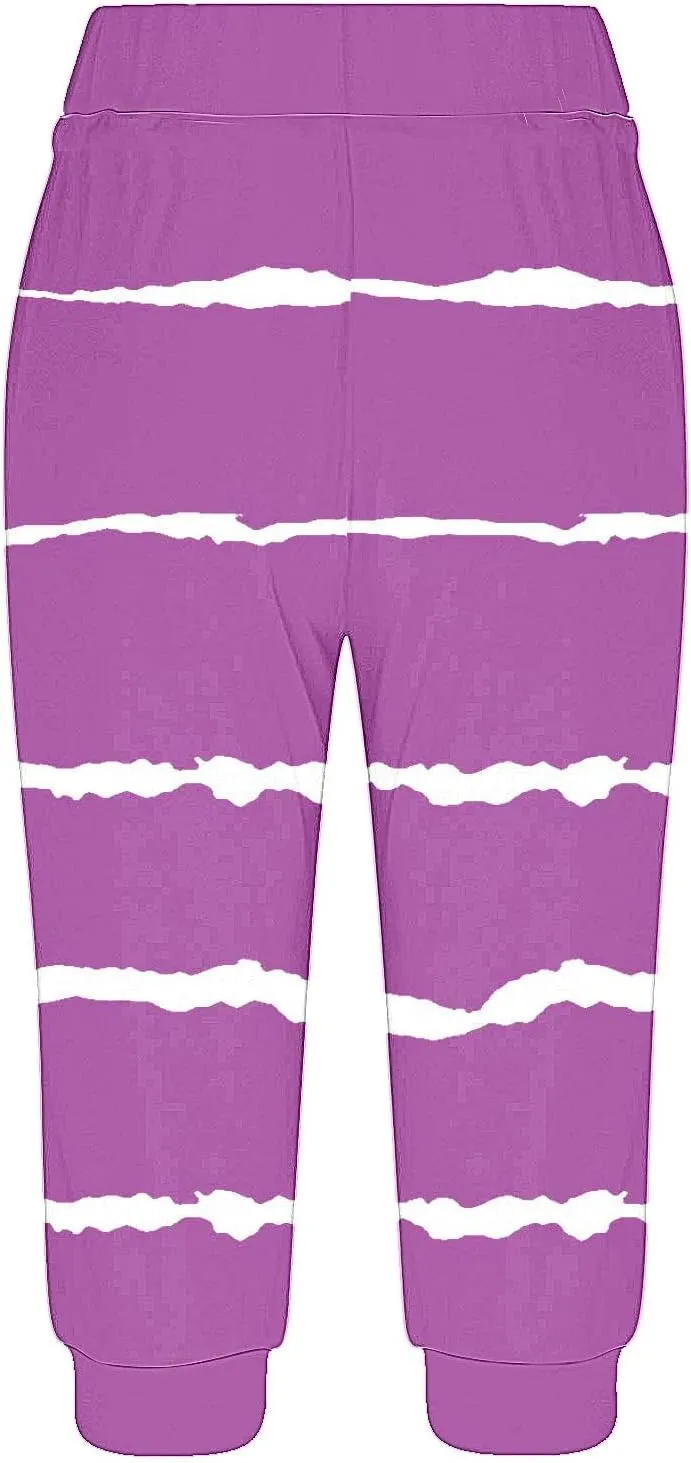 Women Irregular Striped Capris Pant Summer High Elastic Gaucho Sweatpants Side Pocket Yoga Trouser Lightweight Pants