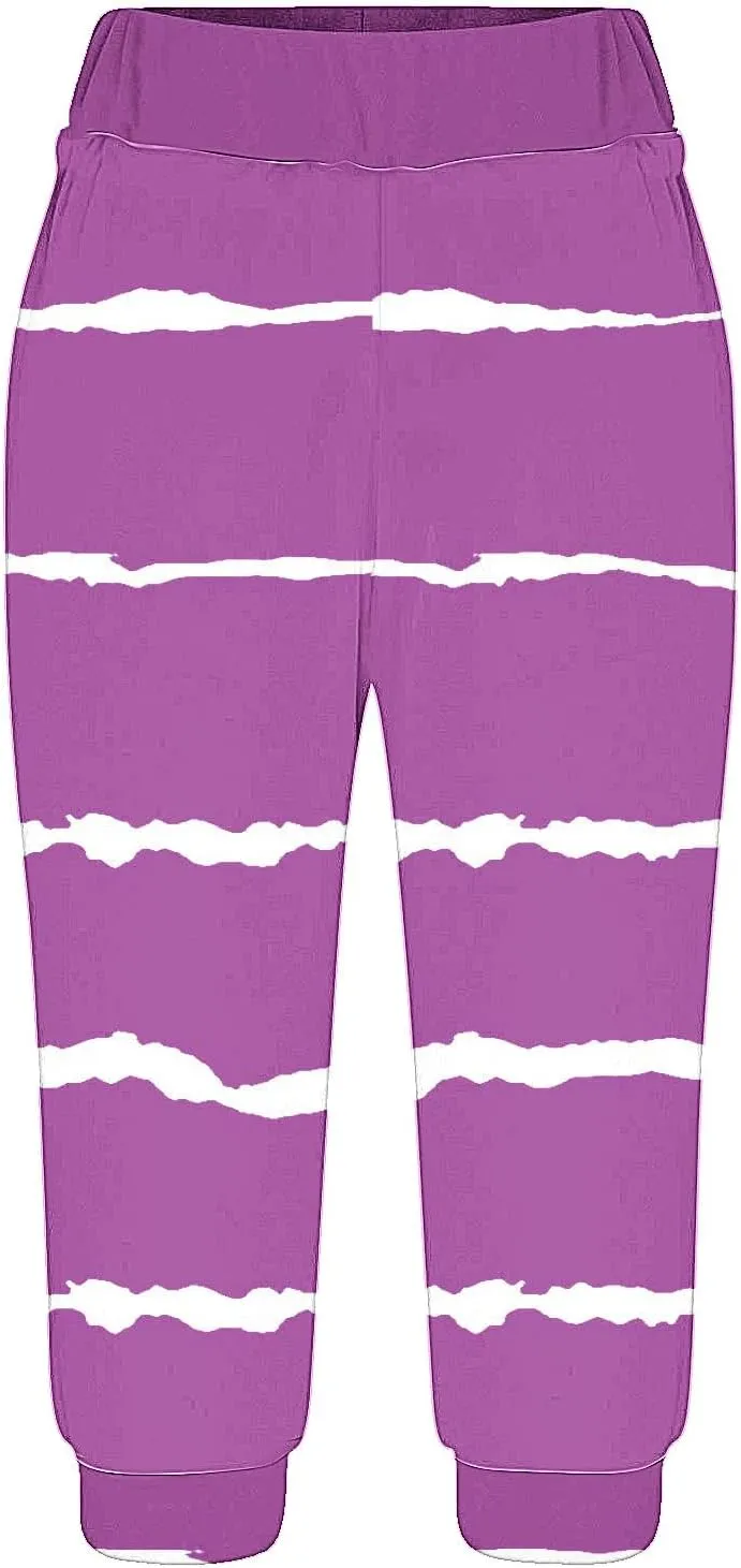 Women Irregular Striped Capris Pant Summer High Elastic Gaucho Sweatpants Side Pocket Yoga Trouser Lightweight Pants
