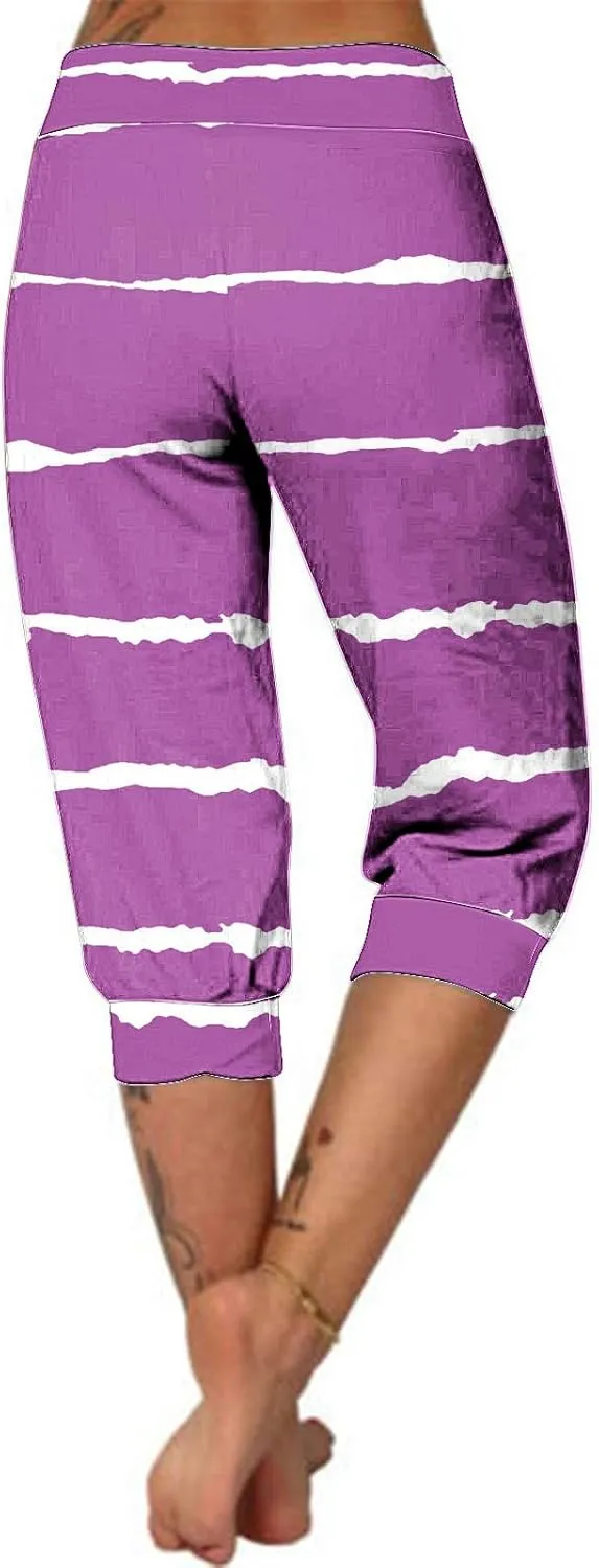 Women Irregular Striped Capris Pant Summer High Elastic Gaucho Sweatpants Side Pocket Yoga Trouser Lightweight Pants
