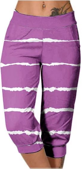 Women Irregular Striped Capris Pant Summer High Elastic Gaucho Sweatpants Side Pocket Yoga Trouser Lightweight Pants