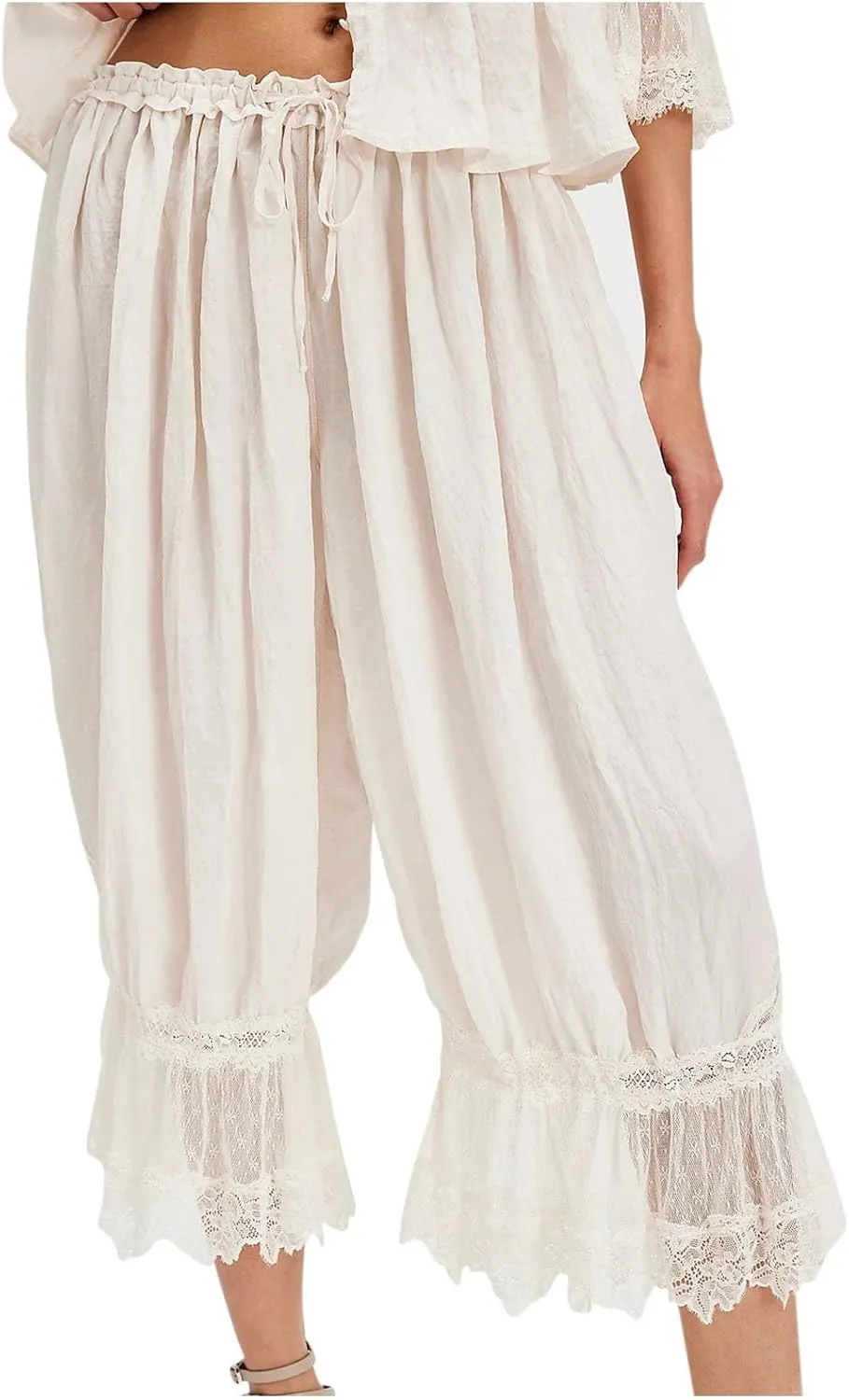 Women Lace Trim Long Bloomers Elastic Mid Rise Ruffle Victorian Pantaloons Cropped Pjs Slips Pants Pajama Bottoms