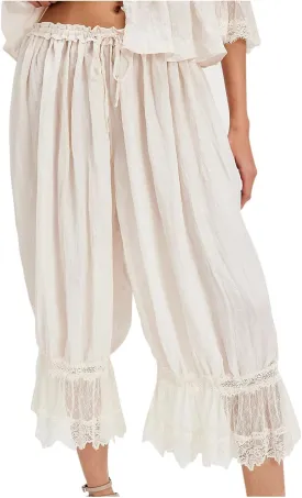Women Lace Trim Long Bloomers Elastic Mid Rise Ruffle Victorian Pantaloons Cropped Pjs Slips Pants Pajama Bottoms