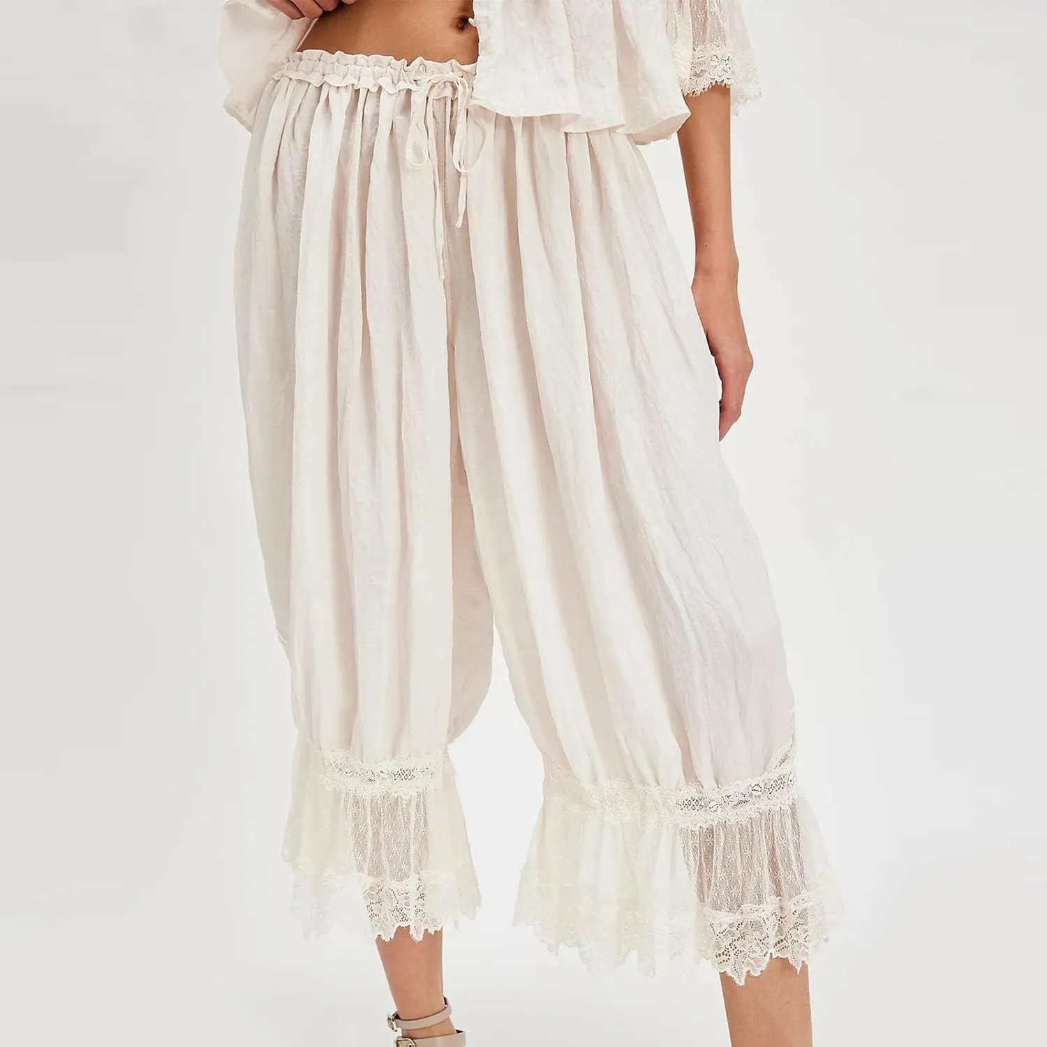 Women Lace Trim Long Bloomers Elastic Mid Rise Ruffle Victorian Pantaloons Cropped Pjs Slips Pants Pajama Bottoms