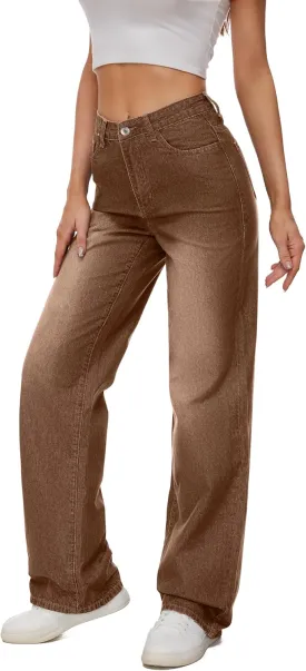 Women Straight Ankle Jeans Casual Loose High Waist Solid Denim Pants