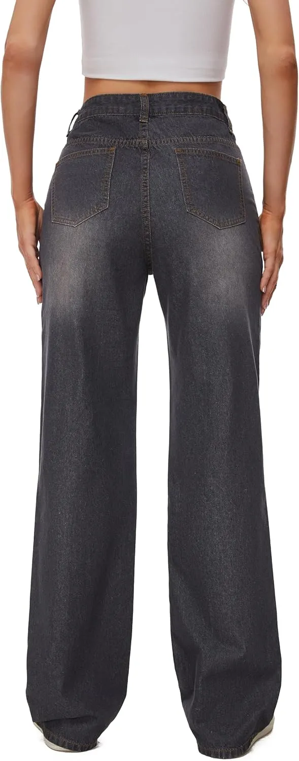 Women Straight Ankle Jeans Casual Loose High Waist Solid Denim Pants