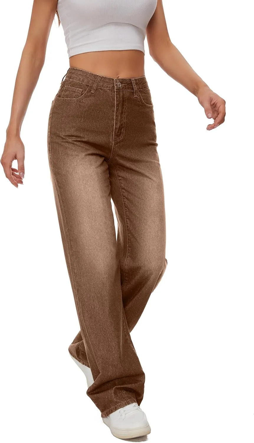 Women Straight Ankle Jeans Casual Loose High Waist Solid Denim Pants