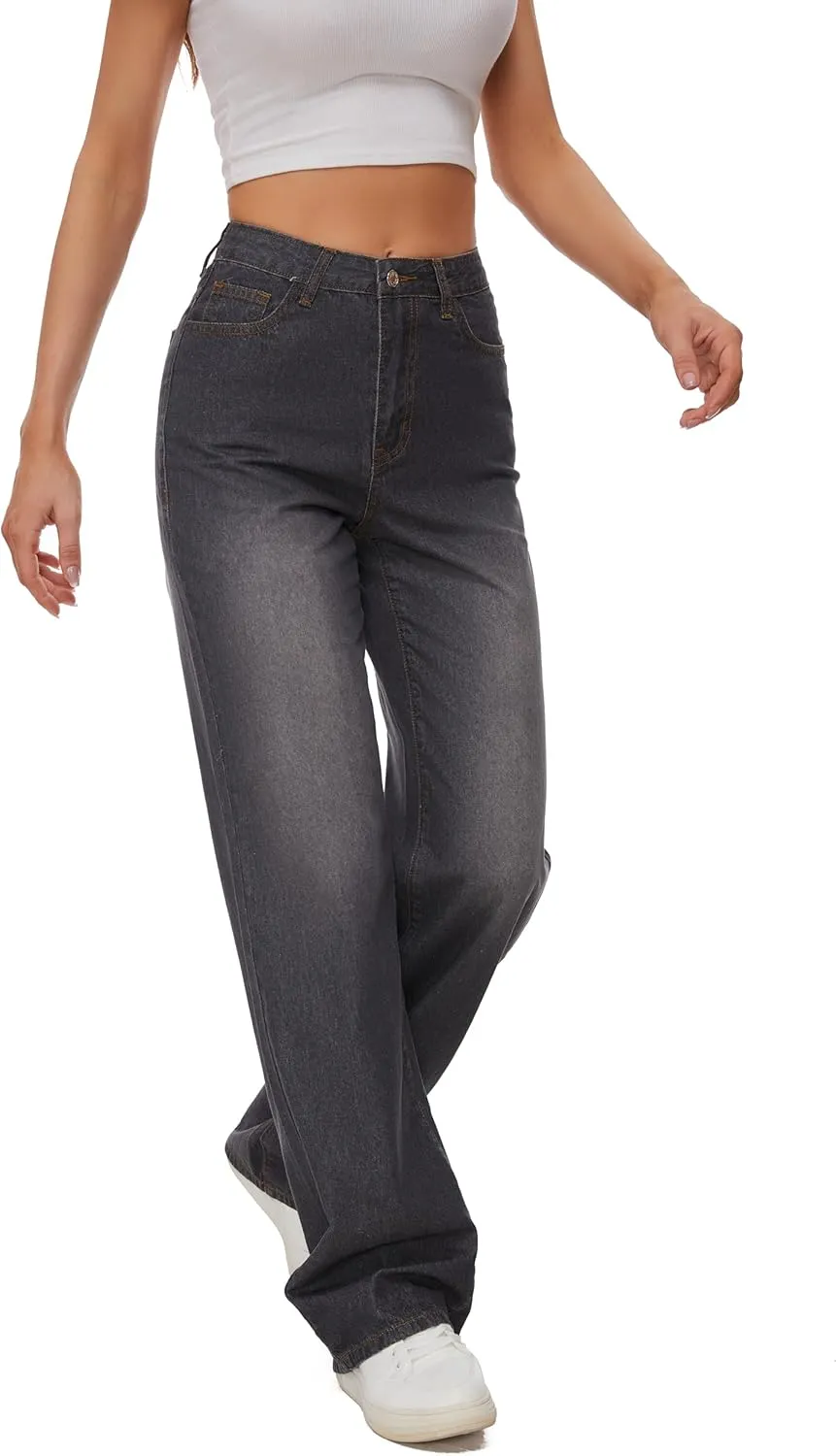 Women Straight Ankle Jeans Casual Loose High Waist Solid Denim Pants