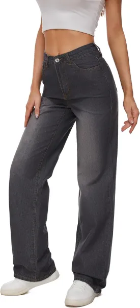 Women Straight Ankle Jeans Casual Loose High Waist Solid Denim Pants