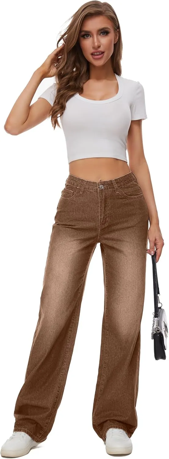 Women Straight Ankle Jeans Casual Loose High Waist Solid Denim Pants
