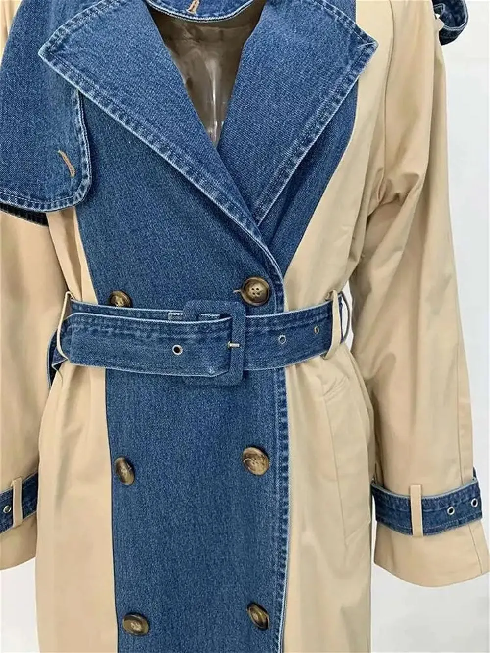 Women Trench Denim Stitching Lapel Double Breasted Bandage Loose Trenchcoats Patchwork High Street Coat