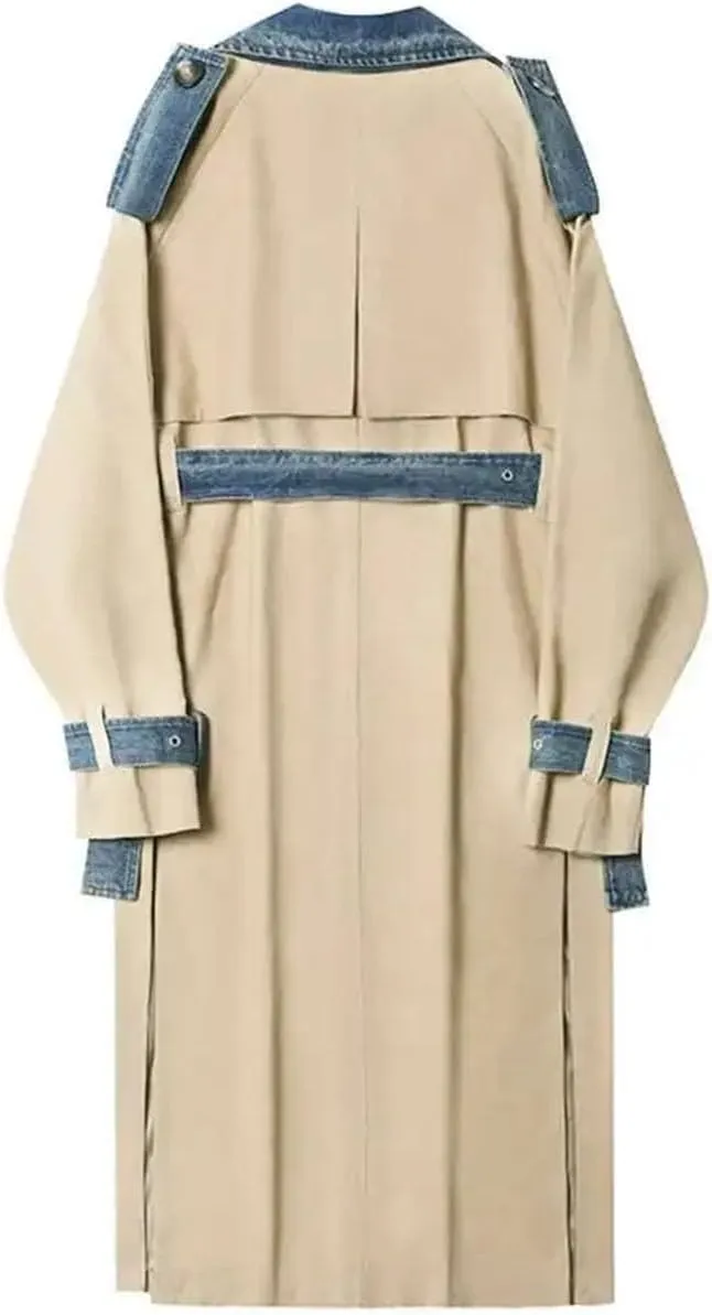 Women Trench Denim Stitching Lapel Double Breasted Bandage Loose Trenchcoats Patchwork High Street Coat