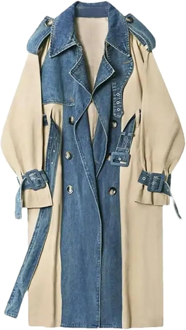 Women Trench Denim Stitching Lapel Double Breasted Bandage Loose Trenchcoats Patchwork High Street Coat