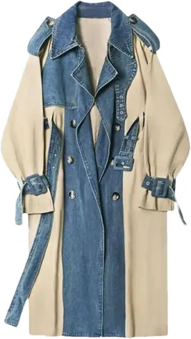 Women Trench Denim Stitching Lapel Double Breasted Bandage Loose Trenchcoats Patchwork High Street Coat
