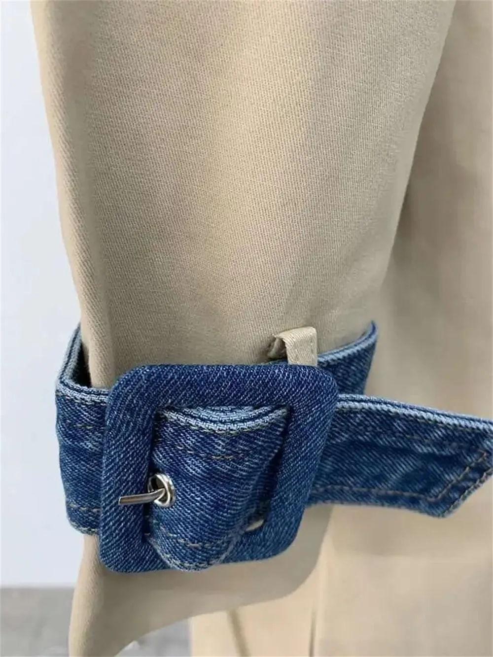 Women Trench Denim Stitching Lapel Double Breasted Bandage Loose Trenchcoats Patchwork High Street Coat
