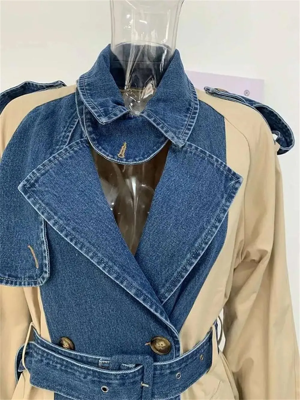 Women Trench Denim Stitching Lapel Double Breasted Bandage Loose Trenchcoats Patchwork High Street Coat
