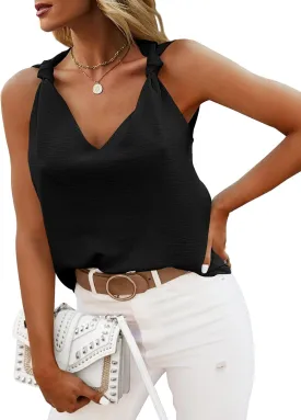 Womens Casual Fashion Tanks Tops V Neck Knotted Detail Tank Tops Sleeveless Blouses Shirts